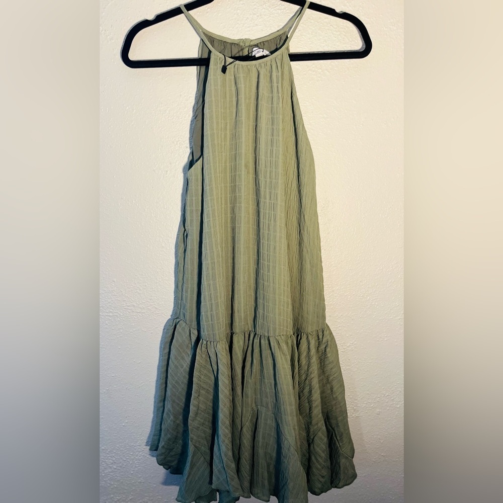Miou Muse Halter Dress Olive Green Boho Ruffle  Short Sleeveless Size L